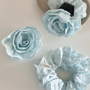 Mint Blue Lace Flower Hair Claw Satin Rose Scrunchie Elegant Handmade Embroidery Hair Accessories For Women Daily Styling