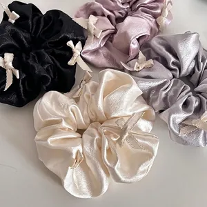 Women's Ballet Style Satin Scrunchie With Ribbon Bow Large Hair Tie Fashion French Retro Solid Color Elastic Hair Band