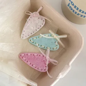 Women Acetate Heart Hair Clip With Bow Ribbon Marble Pattern Handmade Sweet Girl Bang Clip Side Hair Accessory