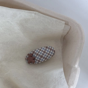 Cute brown bear hair clip with blue plaid fabric pattern for sweet aesthetic