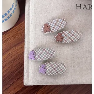 Cute Bear Plaid Fabric Hair Clip Sweet Korean Style Resin Bear BB Clip Handmade Bangs Side Clip For Girls Women Accessory