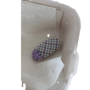 Cute purple plaid hair clip with bear decoration in a minimal paper box holder