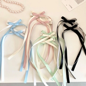 Sweet Balletcore Double Bow Long Ribbon Hair Clip For Women Handmade Fabric Side Clip Fashion Commute Hair Accessory