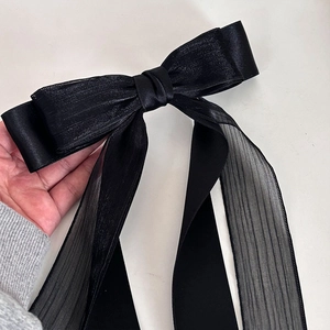 Black double-layered mesh ribbon bow hair clip for women with elegant satin finish