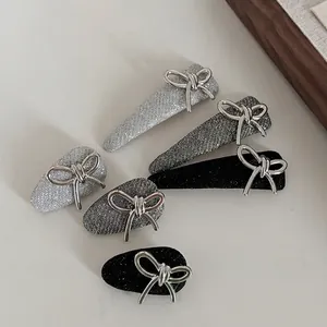 Silver glitter bow hair clips set with duckbill and BB clips for elegant styling