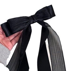 Elegant large double-layer black mesh ribbon bow hair clip with long streamers