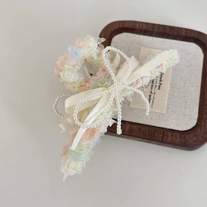 Colorful floral mesh hair claw clip with satin bow and faux pearl dangling accents