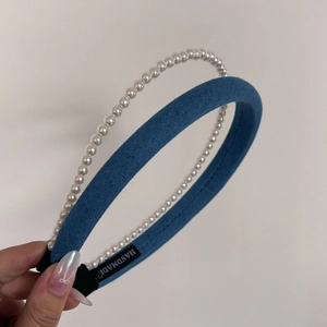 Blue denim fabric headband set with elegant white faux pearls and handmade woven label