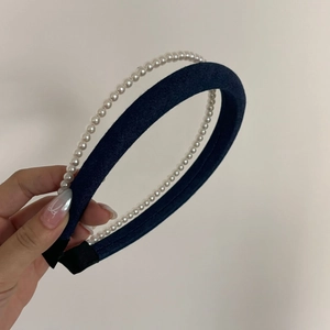 Double-layered denim fabric and pearl headband for women in stylish vintage dark blue