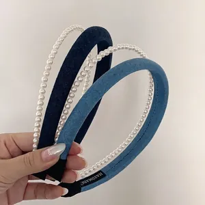Vintage Denim Fabric Double Layer Artificial Pearl Headband For Women Fashion Handmade Blue Hair Band Elegant Hair Accessories