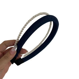 Elegant double-layered blue denim headband with white pearls for women and girls