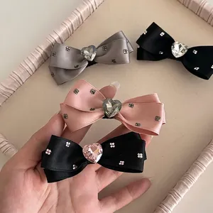 Elegant Rhinestone Bow Hair Clip Heart Shape Satin Fabric Hairpins Hepburn Style Ponytail Holder Hair Accessories Women