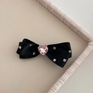 Elegant black silk bow hair clip with pink crystal heart and small floral rhinestones