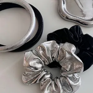 Handmade Metallic Faux Leather Scrunchies And Headband Set Glossy Silver Black Elastic Hair Ties Fashion Headwear For Women