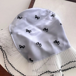 French lace triangle headscarf with black bow prints and delicate pleated mesh trim