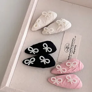 Elegant Fabric Bowknot Imitation Artificial Pearl Hair Clip For Women Creamy Style Sweet Girls Bangs Side Clip Fashion Hair Accessory