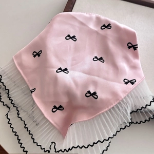 Pink satin hair bandana with black bow prints and white lace trim for photography
