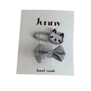 Lot de barrettes argentées scintillantes pour filles avec motifs chat et nœud