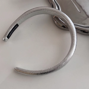 Silver ballet style scrunchie headband with metallic texture and handmade inner label