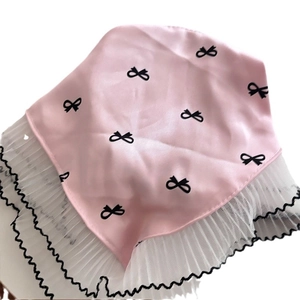 Pink satin headband bonnet with black bow prints and white lace mesh ruffles for girls