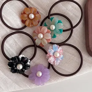 Elegant Acetate Floral Hair Tie With Faux Artificial Pearl High Elasticity Korean Style Simple Flower Elastic Hair Band For Women Jewelry