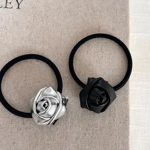 Chic 3D rose flower hair ties set in metallic silver and black leather finishes