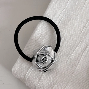Silver 3D leather rose ponytail holder with elastic black hair tie for women