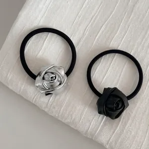 Handmade Leather 3D Rose Flower Hair Tie Elastic Hair Band Minimalist Flower Ponytail Holder Elegant Hair Accessories For Women