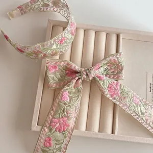 Cerchietto Ricamato a Fiori Stile Etnico Molletta Fiocco Retrò Nuovo Stile Cinese Tessuto Floreale Fascia Pastorale Accessori Capelli Donna