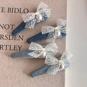 Barrette à Cheveux en Tissu Denim avec Künstliche Perle et Dentelle Style Coréen Pince à Bec de Canard Accessoires Cheveux Femme