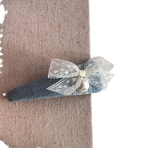 Barrette en jean à nœud en dentelle et perle de style coréen vintage pour femme