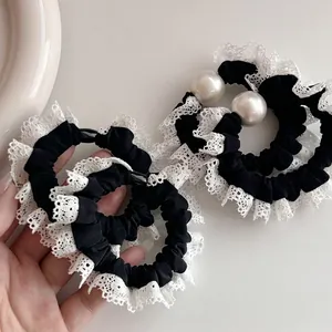 French Vintage Black Satin Scrunchie With White Lace Edge And Faux Artificial Pearl Elegant Hair Tie For Women Hair Accessories