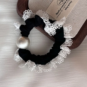 French retro black satin scrunchie with white lace trim and elegant large faux pearl detail
