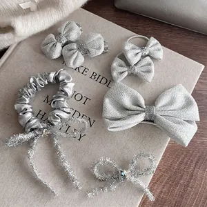 Glitter Zilveren Strik Haarclip Glimmende Lint Haarpeld Mode Haarelastiekje Scrunchie Voor Meisjes Vrouwen Elegante Hoofddeksels