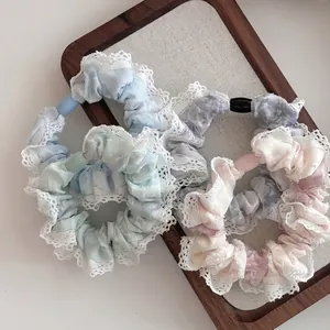 Korean Style Tie-Dye Fabric Scrunchie With Lace Trim Sweet Floral Elastic Hair Band High Elasticity Hair Accessories