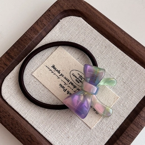 Elegant purple and green gradient acetate bow hair tie with durable elastic rope band