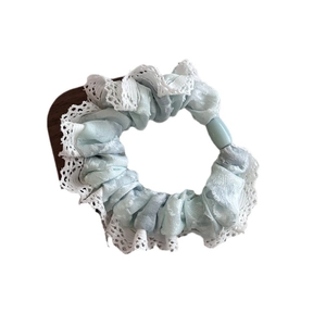 Light blue lace hair scrunchie with tie-dye pattern and elegant white floral lace trim