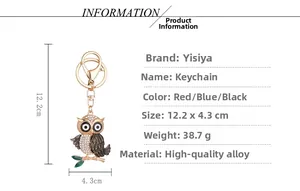 Tableau détaillé des dimensions du porte-clés hibou doré avec cristaux et mesures précises