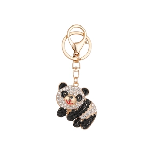 Cartoon panda keychain with black and white rhinestones and gold alloy metal ring clasp