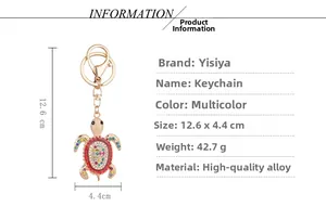 Dimensions détaillées du porte-clés tortue avec strass multicolores et cadre en alliage poli