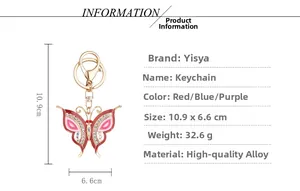Detailed size specifications of a colorful butterfly keychain with crystal rhinestones