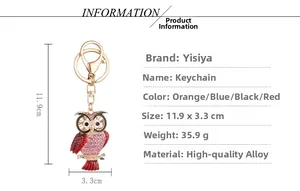 Detail view of cartoon owl keychain with dimensions showing the zinc alloy and rhinestone craft