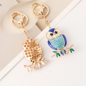Cute owl keychain set with blue crystals and gold plating for women handbag accessory