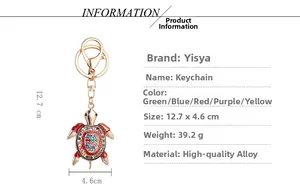 Détails du porte-clés tortue en métal avec dimensions 12,7x4,6cm et strass colorés
