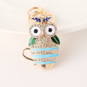 Portachiavi a forma di gufo in tazza con smalto blu e strass per borsa donna