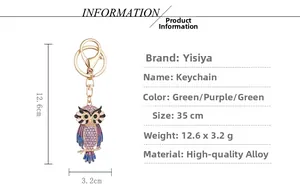 Detailed size chart for a purple crystal owl keychain with height and width dimensions