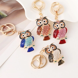 Zinc alloy owl keychains with rhinestones and enamel finish in four vibrant colors