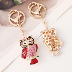 Zinc alloy owl keychain with pink rhinestones and gold plating, front and back view