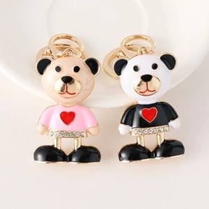 Cute Alloy Bear Keychain With Rhinestone Heart Enamel Cartoon Animal Keyring For Women Bag Hanging Ornament Jewelry Gift