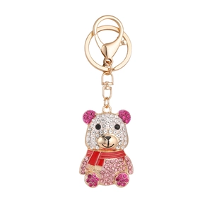 Porte-clés ours 3D scintillant avec strass, écharpe rouge et fermoir mousqueton